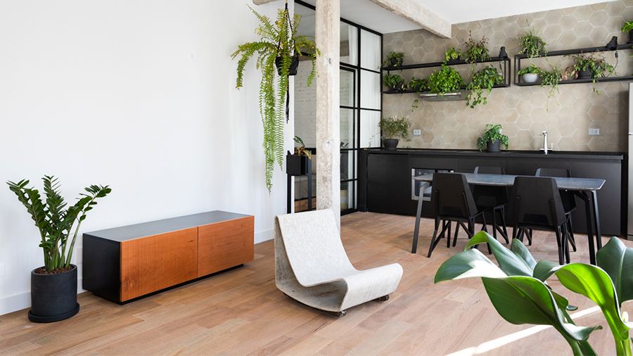 Imagem de uma cozinha com móveis pretos ao fundo, prateleiras com plantas, mesa com cadeiras e piso de madeira clara peroba-mica-demolição; na frente, um armário, uma cadeira e outras plantas.